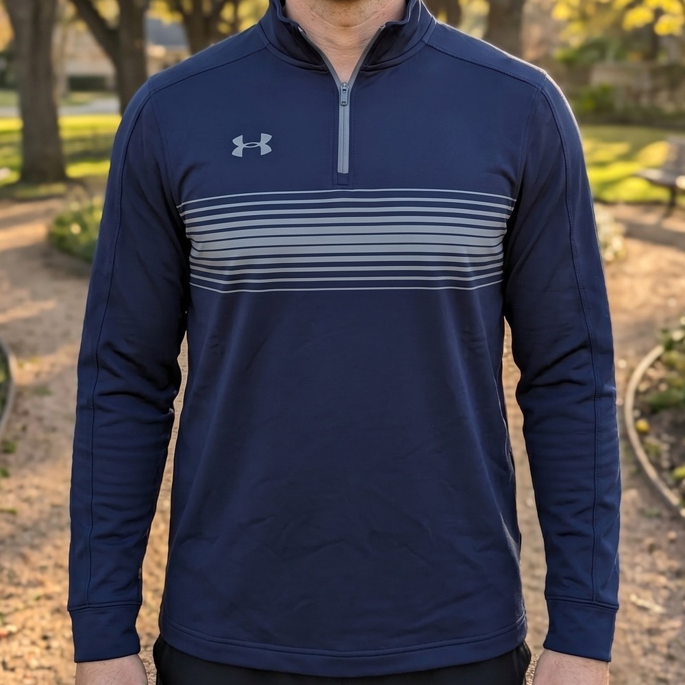 Under Armour Men Navy Blue Striped Quarter Zip Pullover Loose Fit Performance SM